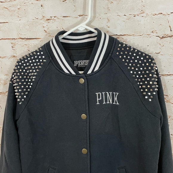 Victorias Secret Pink black varsity coat small Bomber STUDS Bling snap jacket - Picture 4 of 8